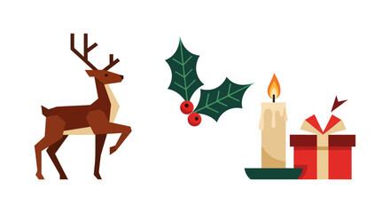 A festive collection of Christmas holiday icons including a reindeer holly candle and gift box.