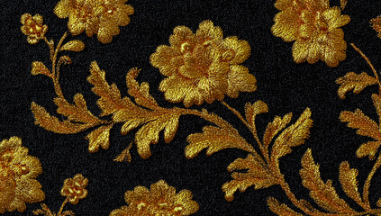 Ornate golden floral pattern with intricate details on a dark textured background