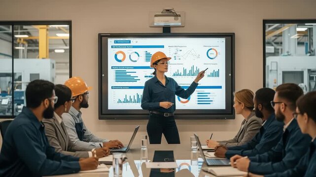 Diverse team in a modern factory meeting room, a female engineer presents data on a large screen - Powered by Adobe