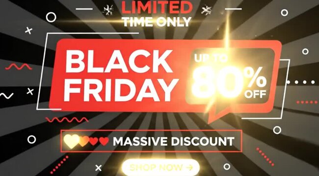 A striking Black Friday sale advertisement showcases a massive promotional discount, offering customers up to eighty percent off purchases for a limited shopping event.