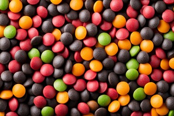 Obraz premium Colorful round pellets of pet food are densely packed together, creating a textured surface with varied hues.