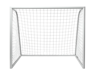 Metal framed net with white mesh, used for scoring goals