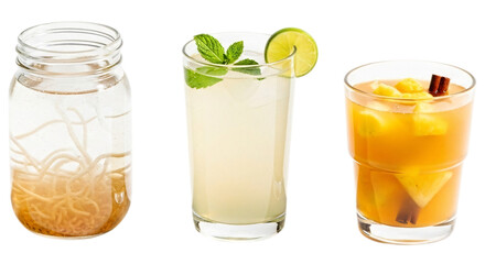 Three refreshing drinks in glasses and a jar, isolated on transparent background