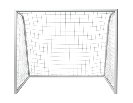 Metal framed net with white mesh, used for scoring goals
