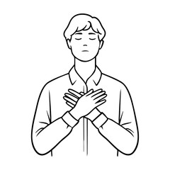 Man practicing mindful breathing with hands crossed on chest, representing calmness, stress relief, and emotional balance through meditation and gratitude.