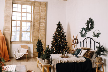 Cozy New Year's decor using natural materials and green plants.