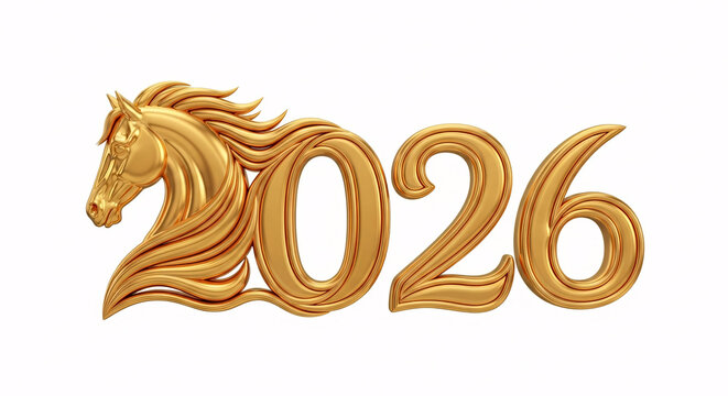 Golden 2026 Numeral Text Against White Backdrop