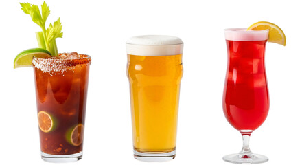 Three different alcoholic cocktails and a beer isolated on transparent background