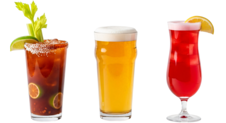 Three different alcoholic cocktails and a beer isolated on transparent background