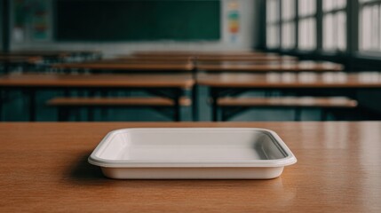 Empty plastic lunch tray in blurred educational cafeteria space standard viewpoint focused on cleanliness