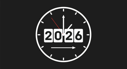 Clock Face Showing Year 2026 with Time Hands.