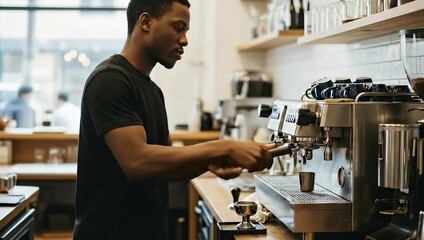 African American barista preparing espresso with professional machine in a cafe