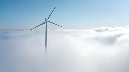 A towering wind turbine emerges gracefully from a serene sea of clouds, set against a clear blue sky. It symbolizes clean energy and technological advancement.
