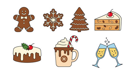 Set of illustrated Christmas desserts and celebratory beverages icons.