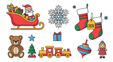 Christmas themed illustrations featuring Santa Claus, sleigh, and festive decorations.