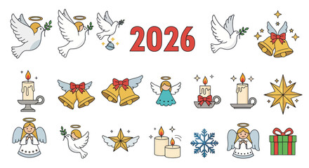 Christmas and New Year 2026 Holiday Icon Sticker Set.