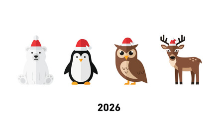 Festive Animals in Santa Hats - A 2026 Holiday Illustration.
