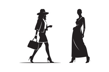 Elegant silhouettes of fashionable women in dresses and suits