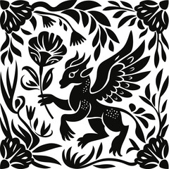 Folk Art Vector with animals silhouette Nature Pattern design