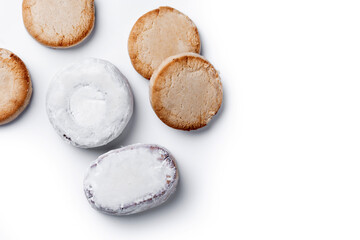 Traditional Spanish Christmas sweets assortment isolated on white background. Top view. Copy space