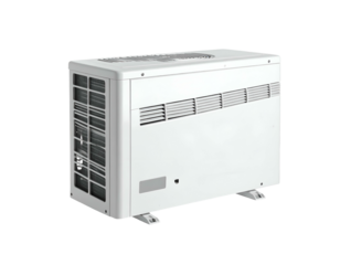 White outdoor unit with slatted vents on black background