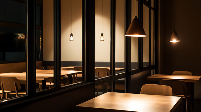 Cozy ambiance with warm lighting fixtures illuminating wooden tables and chairs in a stylish, modern dining space. The dark, clean lines frame the warm colors.