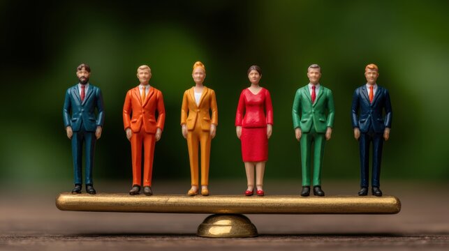 Figurine photography of small diverse business teams balancing miniatures in a professional setting