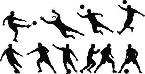 Soccer player silhouettes, kicking, dribbling, diving, running, defending, athletic motion, football action poses, sport energy, dynamic movement, technique