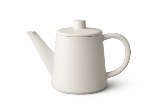 White minimalist ceramic teapot with a lid and handle, suitable for serving hot beverages, resting on a transparent background