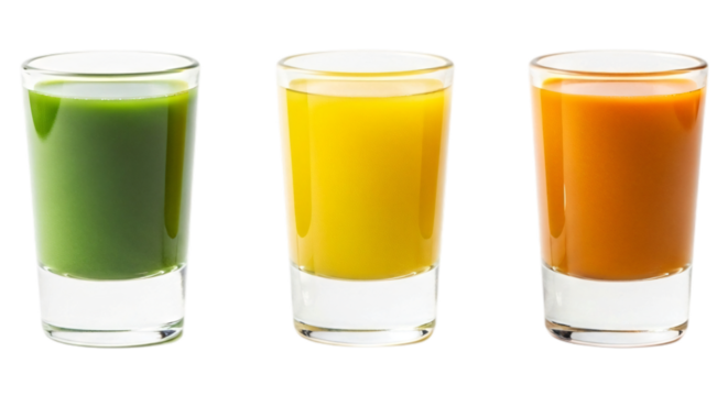 Three colorful healthy juice shots in glasses, isolated on transparent background