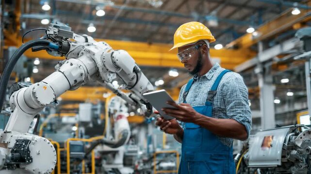 A factory engineer wearing safety gear uses a digital tablet to monitor and control an industrial robotic arm in a high-tech manufacturing facility. The image represents automation