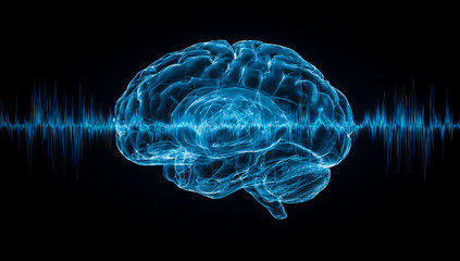 Abstract glowing blue human brain with sound waves and neural network connections