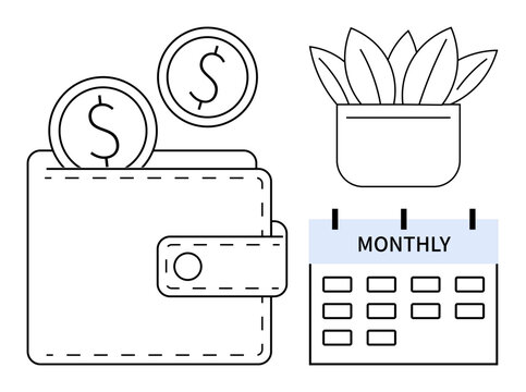 Wallet holding coins beside a houseplant and monthly calendar, emphasizing budgeting, savings, and time management. Ideal for finance, sustainability, growth, bookkeeping, planning investments