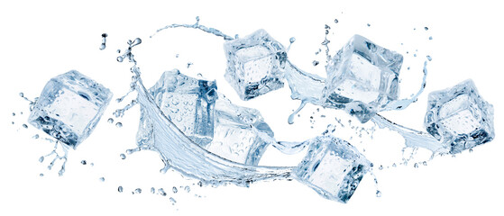 Ice cubes and splashing water in air on white background