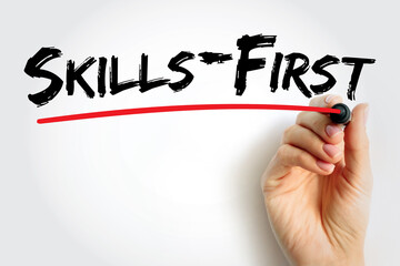 Skills-First text handwritten with red underline on white background, symbol of education focused on abilities, career readiness, and applied learning before traditional credentials