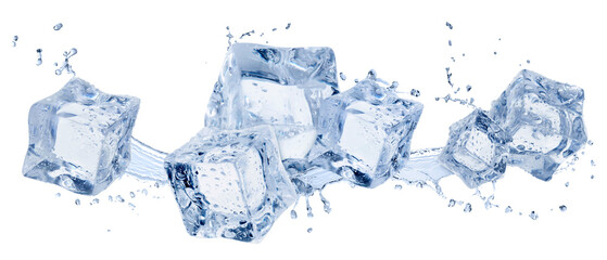 Ice cubes and splashing water in air on white background
