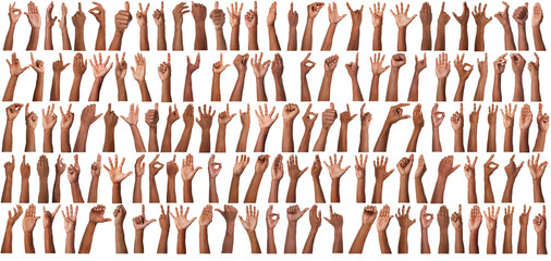 Set of hand gestures on white background. African american man showing arm, closeup