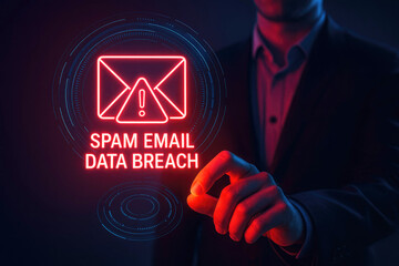 Man's hand interacting with a digital interface showing a spam email data breach alert cybersecurity