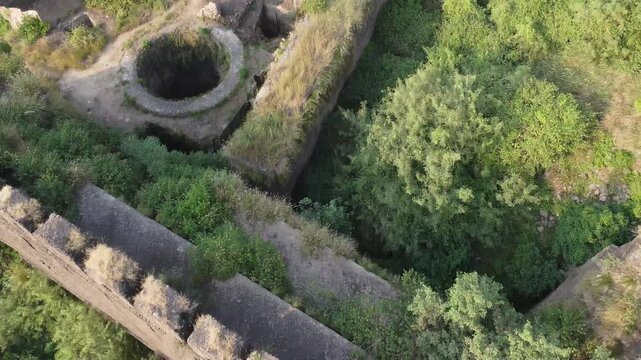 Drone capturing the ancient stone well inside Rohtas Fort showing heritage and old architecture