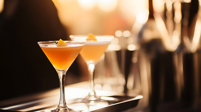Sophisticated cocktails shimmer in the warm light, perfect for a celebratory toast. Garnished with citrus, these drinks are a refreshing treat. Elegance in every sip!