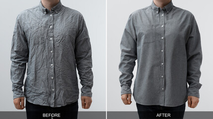Man in shirt before and after ironing, closeup. Collage on light background
