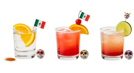Three colorful mexican cocktails with orange slices, cherries, and mexican flags, isolated on transparent background