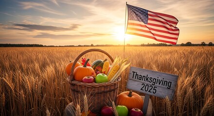 Thanksgiving 2025 Harvest Basket in Wheat Field with American Flag at Sunset