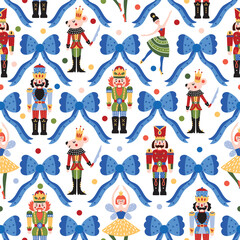 Nutcracker, bows, and confetti. Christmas seamless pattern Can be used for wallpaper, pattern fills, web page background, surface textures.