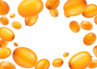Fresh sea buckthorn berries in air on white background