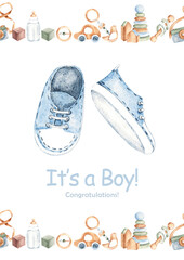 Watercolor baby shower card for a baby boy with blue shoes, sneakers and wooden toy border. Hand drawn invitation template. Perfect for newborn party, birth greeting, or its a boy baby celebration.