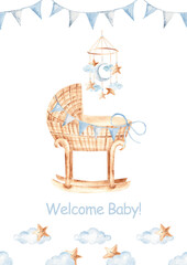 Watercolor baby shower invitation for a baby boy with wicker cradle, moon and stars mobile, and blue bunting, clouds and stars border. Ideal for newborn celebration.