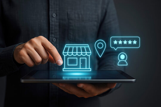 Person holding tablet with glowing icons of store, location, stars, and video call technology digital