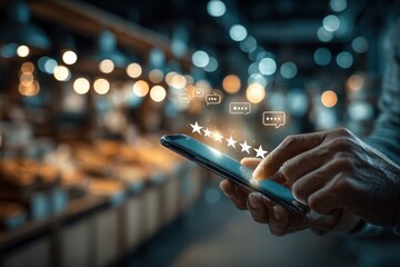 Person using mobile device with glowing review stars at night in bright ambient lighting