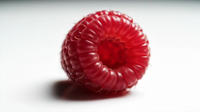 A detailed macro shot highlights the vibrant red color and intricate texture of a single raspberry against a clean, bright white backdrop, showcasing its natural details.